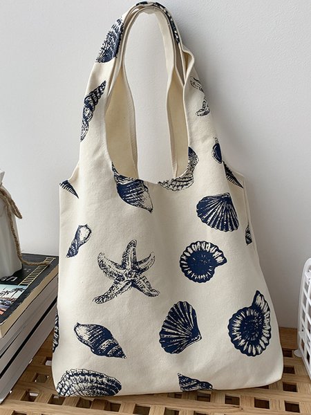 

Casual Ocean Pattern Canvas Shoulder Bag Tote Bag Holiday Ethnic Boho, White, Women's Bags