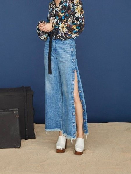 

Loose Plain Elegant Jeans, Blue, Jeans