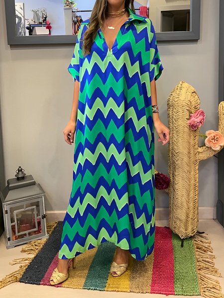 

Shirt Collar Geometric Loose Vacation Dress, Green, Maxi Dresses