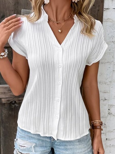 

Plain Casual Loose Notched Blouse, White, Shirts