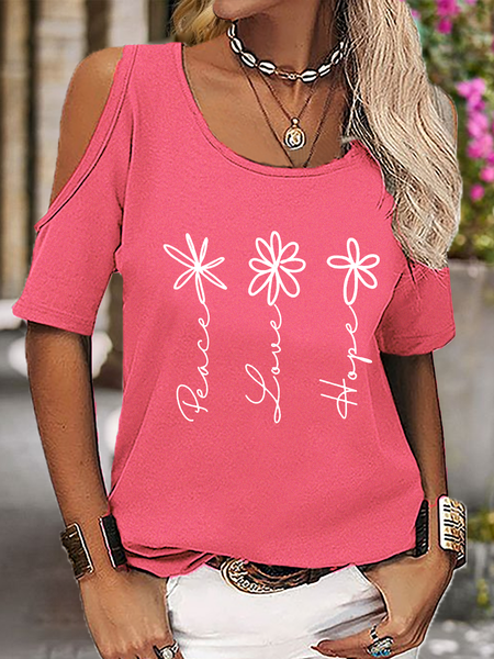 

Women's Cute Wildflowers Peace Love Hope Casual Cotton-Blend Solid Drop Shoulder T-Shirt, Deep pink, T-shirts