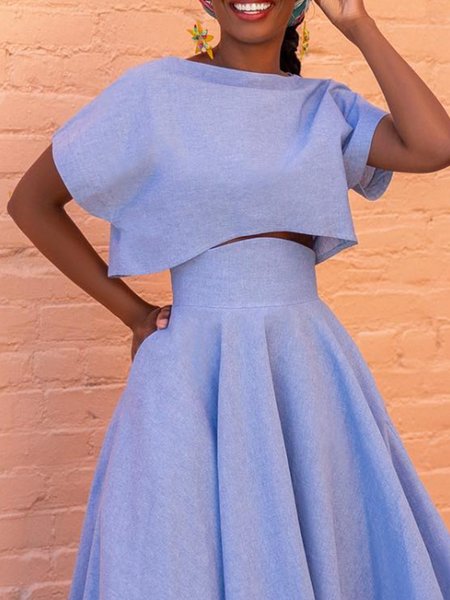 

Crew Neck Plain Vacation Loose Denim Shirt, Light blue, Blouses and Shirts