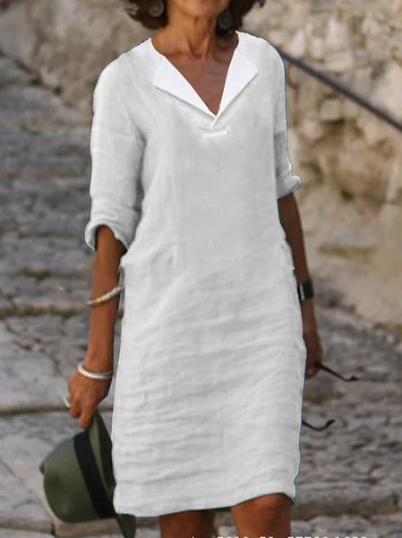 

V Neck Casual Plain Dress, White, Dresses