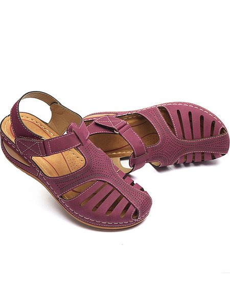 

Women's Hollow Out Cowhide Leather Hollow Breathable Velcro Von-slip Comfortable Soft Sandals Flat Shoes, Fuchsia, Sandals