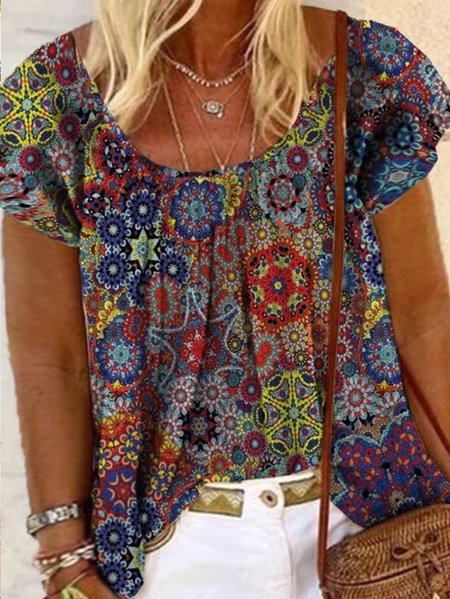

Plus Size Round Neck Painted Short Sleeve Top, Multicolor, Shirts & Blouses