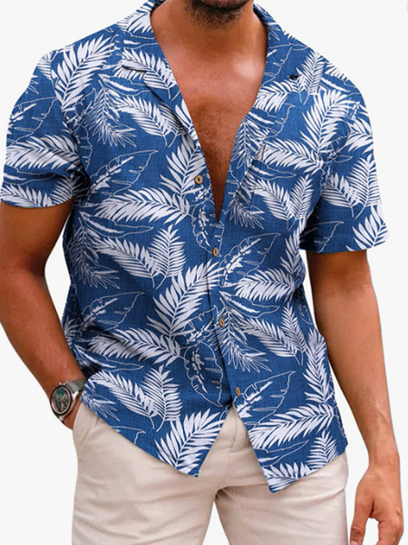 

Mens Hawaiian Aloha Leaf Loose Short Sleeve Shirt, Blue, Short Sleeve Shirts
