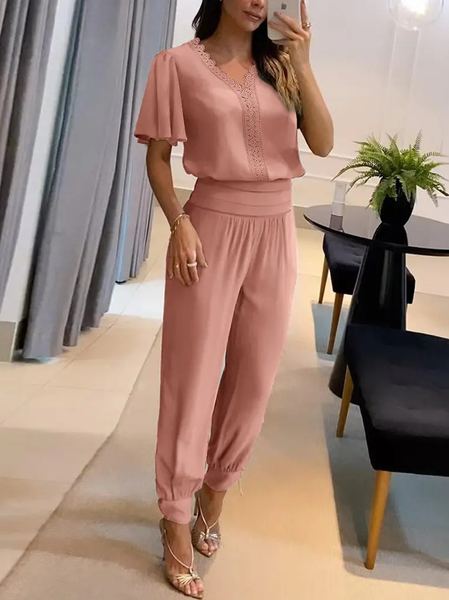 

Loose Lace V Neck Elegant Two-Piece Set, Pink, Suit Set