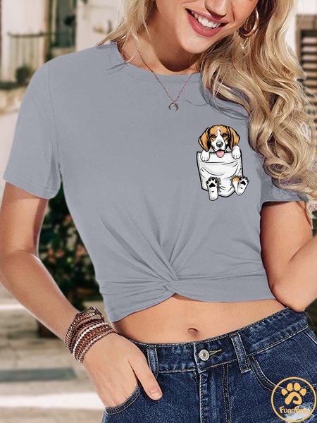 

Lilicloth X Funnpaw Women's Beagle Pocket Crop Top Short Sleeve Twist Front Tee T-Shirt, Gray, T-shirts