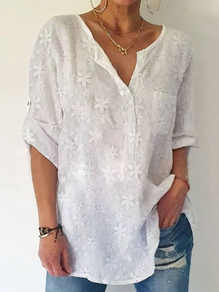 

Women casual Linen Embroidery Loose Blouse, White, Blouses & Shirts