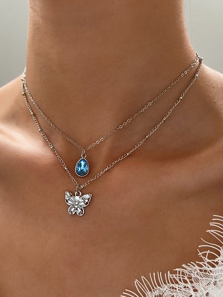 

Casual Blue Crystal Butterfly Multilayer Necklace Vacation Music Festival Women's Jewelry, Silver, Necklaces