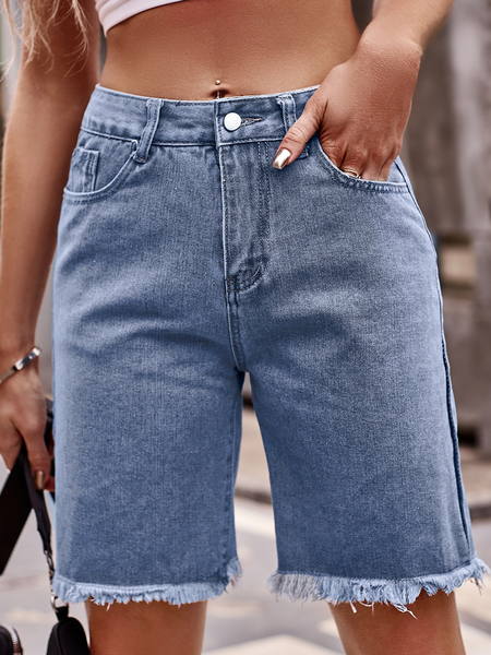 

Women's Tassel Jean Shorts Casual High Waisted Long Denim Shorts, Blue, Jeans