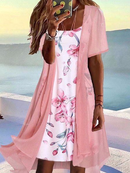 

Floral Spaghetti Casual Loose Two-Piece Set, Pink, Casual Dresses