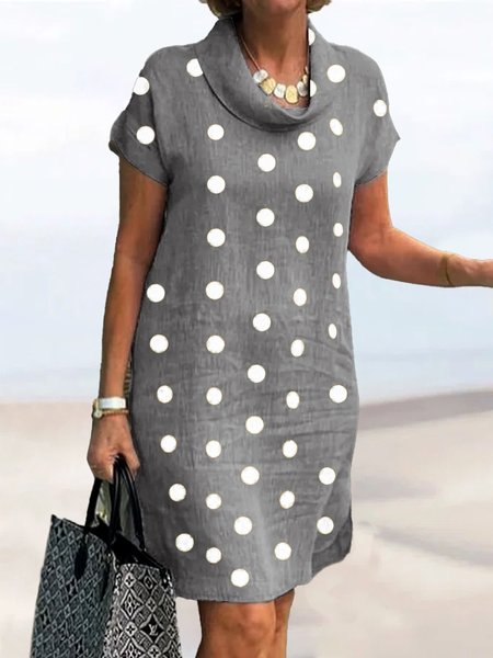 

Women Casual Polka Dots Cowl Neck Short Sleeve Loose Cotton and Linen Dress, Gray, Mini Dresses