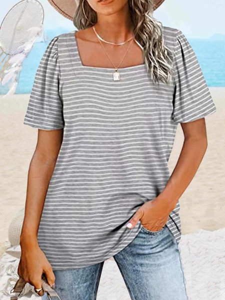

Women's Square Neck Striped Casual T-Shirt, Gray, T-shirts