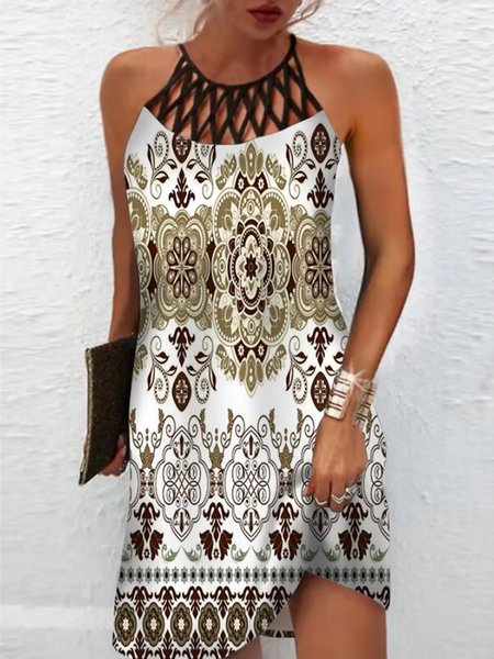 

Casual Halter Ethnic Loose Dress, White, Dresses