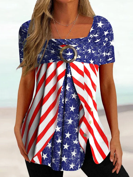 

Square Neck Jersey Casual America Flag Shirt, Red-blue, Shirts & Blouses