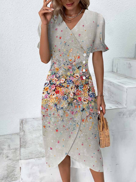 

Buckle V Neck Casual Floral Dress, Light gray, Dresses