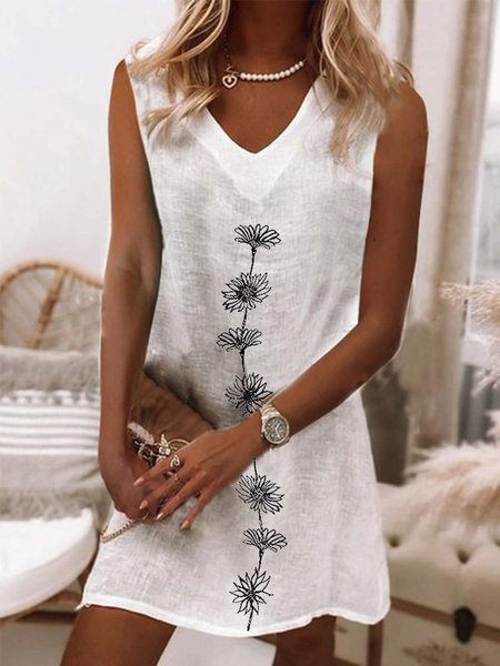 

woman casual V Neck Floral Linen Loose Dress, White, Mini Dresses