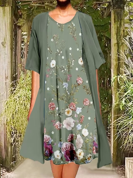 

Floral Casual Chiffon V Neck Two-Piece Set, Green, Dresses
