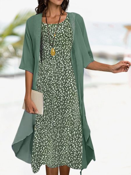 

Vacation Loose Crew Neck Floral Two-Piece Set, Green, Dresses