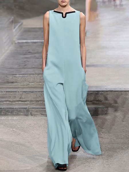 

Loose Sleeveless Urban Plain H-Line Jumpsuit, Blue, Jumpsuits