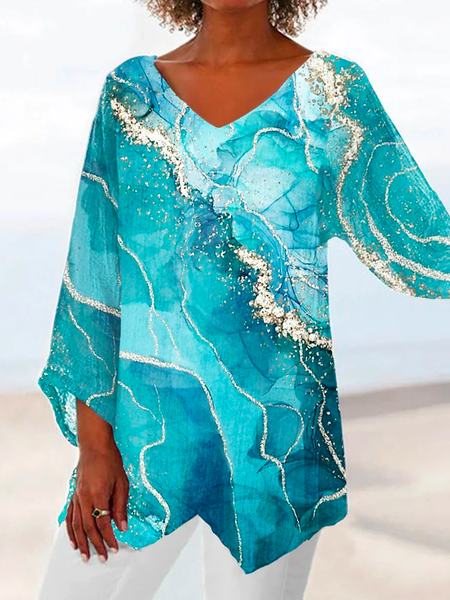

Loose Vacation Geometric Blouse, Blue, Blouses