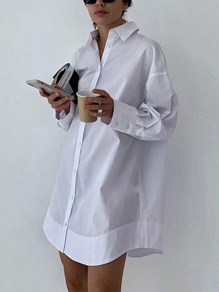 

Casual Shirt Collar Loose Plain Dress, White, Mini Dresses