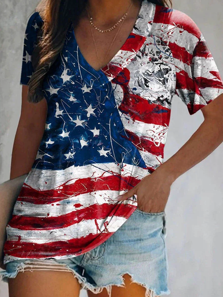 

Jersey America Flag Casual V Neck T-Shirt, Red-blue, Tops