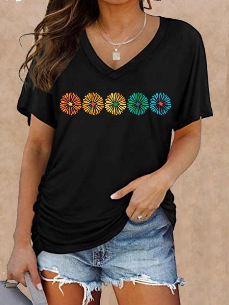 

Women's Cute Colorful Floral Casual T-Shirt, Black, T-shirts