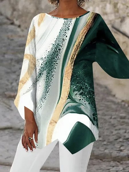 

Loose Abstract Crew Neck Casual Shirt, Green, Shirts & Blouses