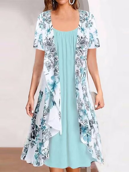 

Casual Loose Chiffon Color Block Floral Dress, Sky blue, Dresses