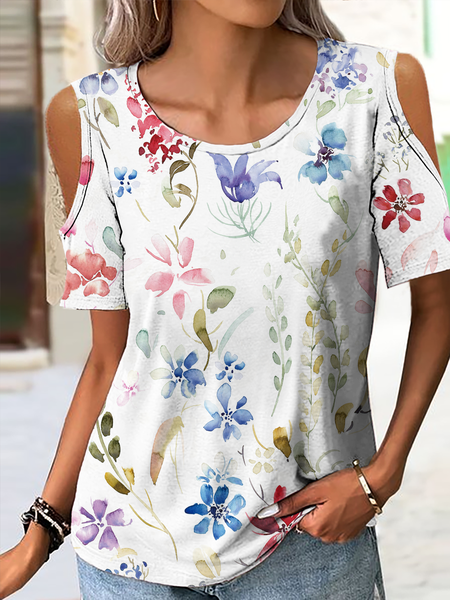 

Women's Cute Wildfloral Cotton-Blend Casual T-Shirt, White, T-shirts