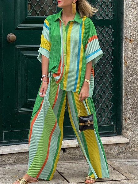 

Striped Loose Vacation Fashion Wide leg Pants, Green, Pants