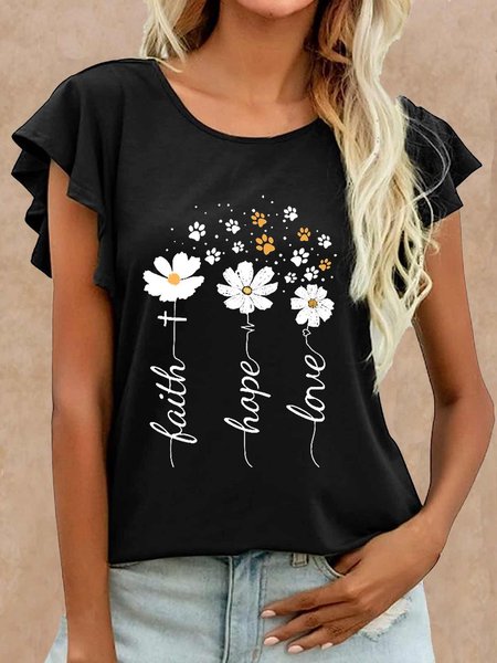 

Women's Flower Faith Love Paw Print Crew Neck Casual T-Shirt, Black, T-shirts
