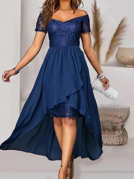 

Women‘s Prom Dress Wedding Guest Dress Party Dress Long Dress Maxi Dress Blue Short Sleeve Pure Color Lace Summer Spring Fall Off Shoulder Evening Wedding Guest, Navyblue, Formal Dresses