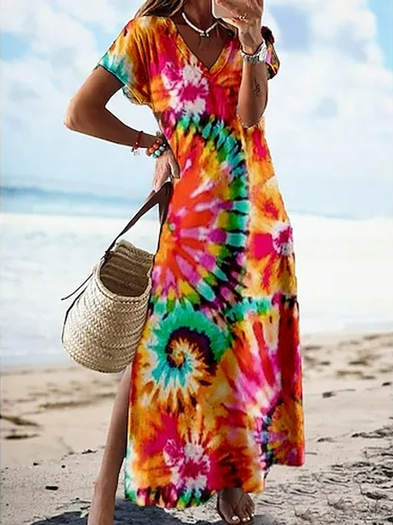 

V Neck Casual Tie-Dye Pattern Dress, Red, Dresses