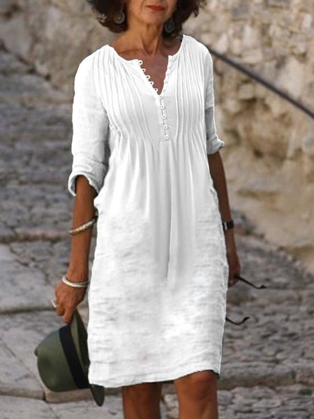 

Women casual Linen V Neck Plain Dress, White, Mini Dresses