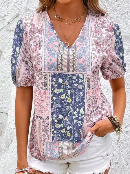 

Ethnic Vacation Loose V Neck Patched Work Print Puff Sleeve Shirt, Purple, Shirts & Blouses