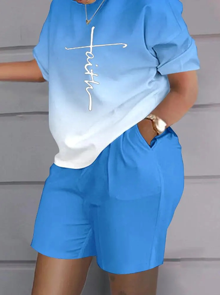 

Casual Text Letters Crew Neck Two-Piece Set, Blue, Tops