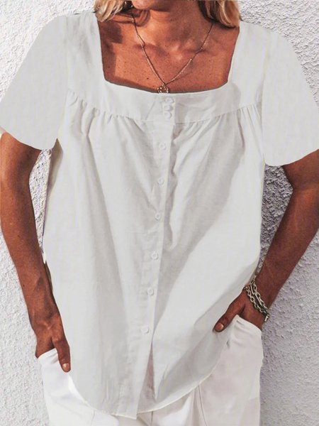 

woman casual Square Neck Linen Blouse, White, Blouses & Shirts