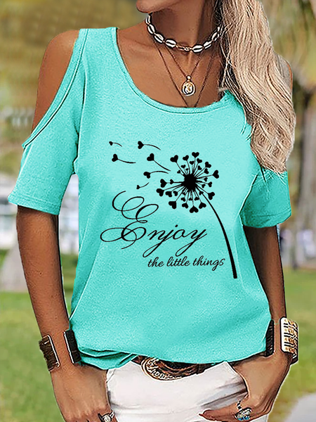 

Women's Cute Dandelion Enjoy The Little Things Casual Solid Drop Shoulder Cotton-Blend T-Shirt, Cyan, T-shirts
