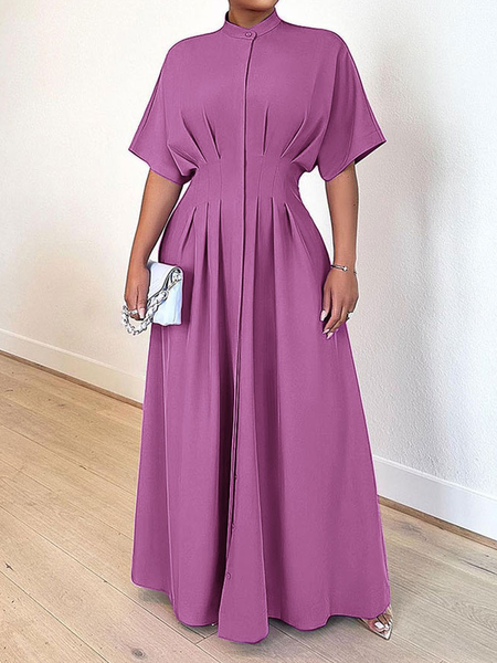 

Stand Collar Short sleeve Elegant Plain Regular Fit Long Dress, Purple, Maxi Dresses