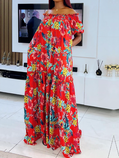 

Loose Floral Vacation Cold Shoulder Short sleeve Maxi Dress, Red, Maxi Dresses