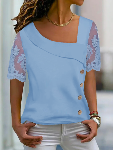 

Women Casual Asymmetrical Neck Buttoned Mesh Floral Lace Short Sleeve T-shirt, Blue, Tees & T-shirts