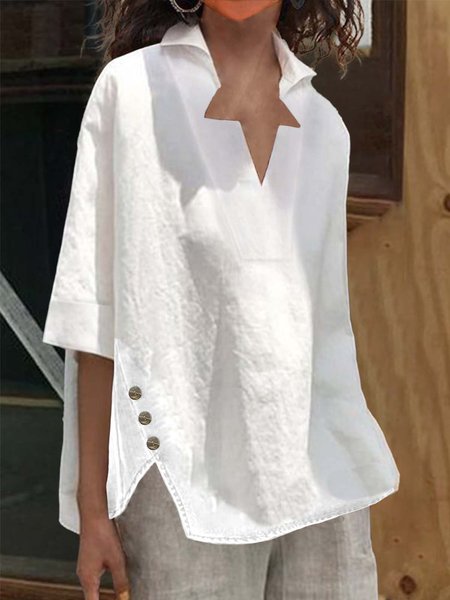 

Women Casual V Neck Button Half Sleeve Cotton Linen Loose Tunic Top, White, Tunics