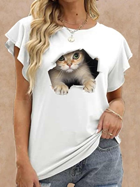 

Women's Cute Cat Casual Crew Neck T-Shirt, White, T-shirts