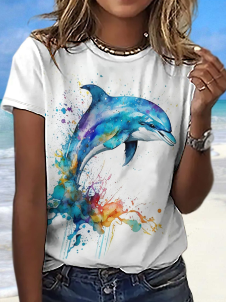 

Women's Cute Colorful Dolphin Sea World Loose Simple T-Shirt, White, T-shirts