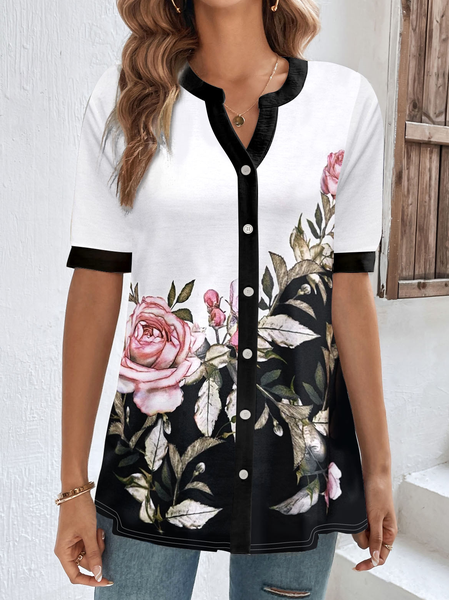 

Floral Casual Loose Stand Collar Shirt, White, Shirts & Blouses