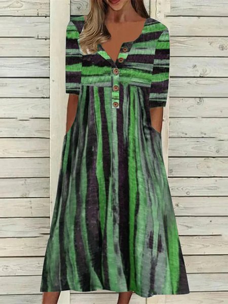 

Striped Buttoned Casual Half Sleeve Crew Neck Loose Dress, Green, Midi Dresses