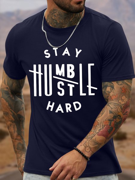 

Men's Stay Humble Hustle Hard Funny Graphic Printing Crew Neck Text Letters Casual Loose T-Shirt, Purplish blue, T-shirts